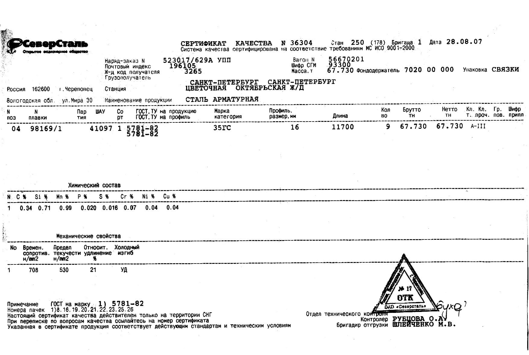 Сертификат на арматуру 16 марки 35ГС от 2007-08 Сертификат на арматуру 16 марки 35ГС от 2007-08